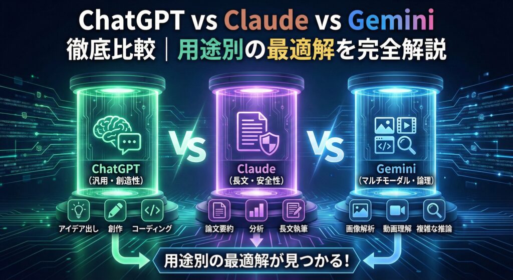 ChatGPT vs Claude vs Gemini 徹底比較【2026年最新】｜用途別の最適解を完全解説