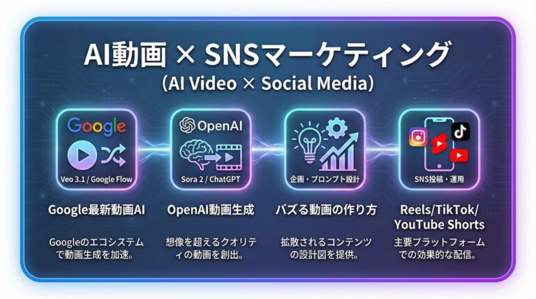 AI動画×SNSマーケティングの学習イメージ - Veo 3.1やSora 2でAI動画を生成しSNSで発信するスキルを習得