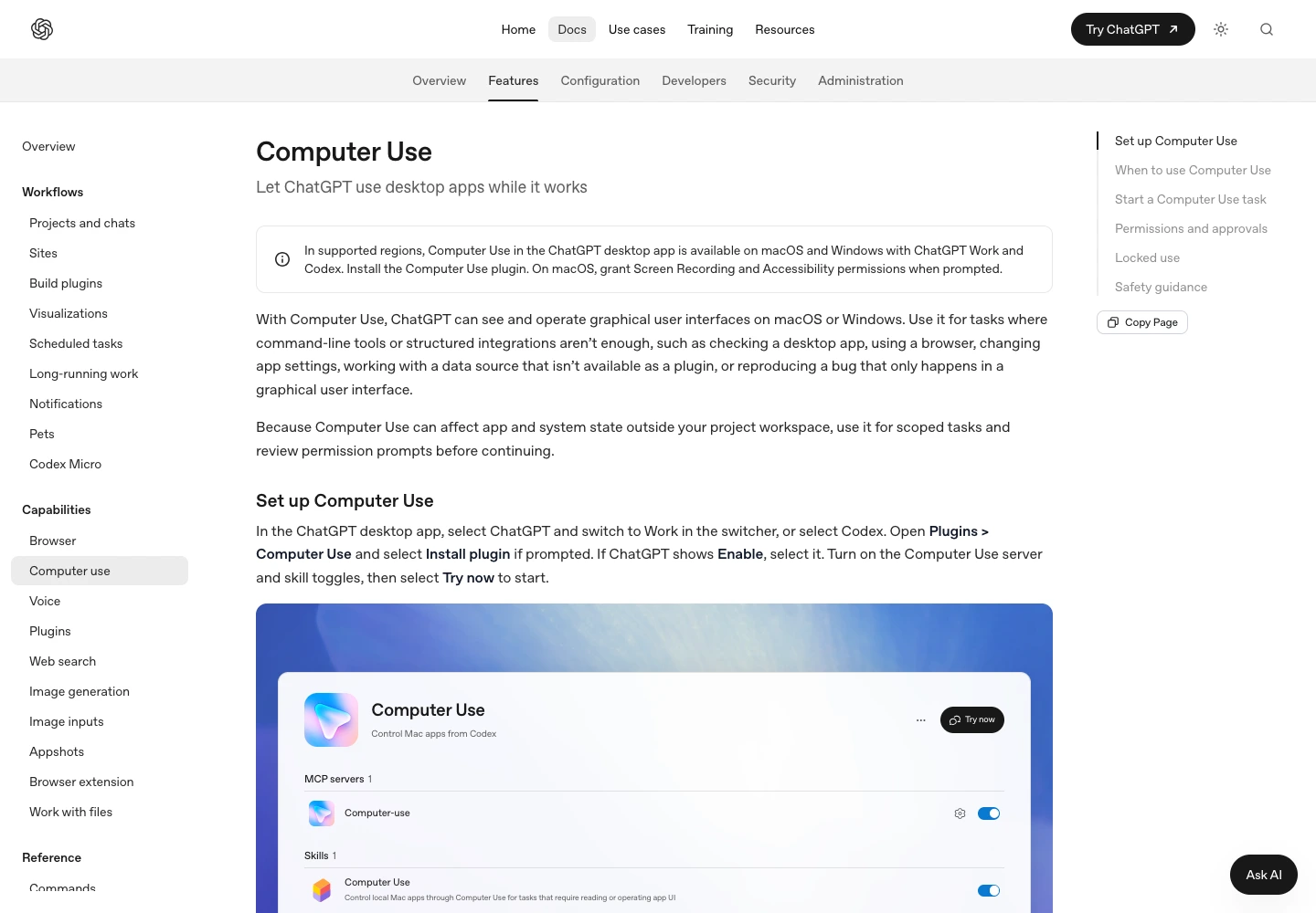 ChatGPT WorkのComputer Useを説明する公式ガイド画面