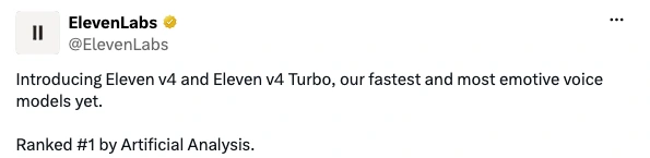 ElevenLabs公式XによるEleven v4とv4 Turboの発表投稿の部分画面