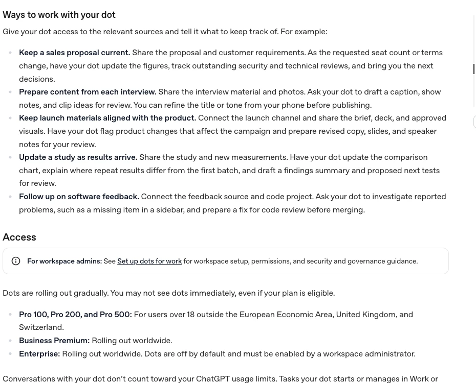 OpenAI公式ヘルプ「Meet dots」のPro、Business Premium、Enterprise対象条件の説明部分