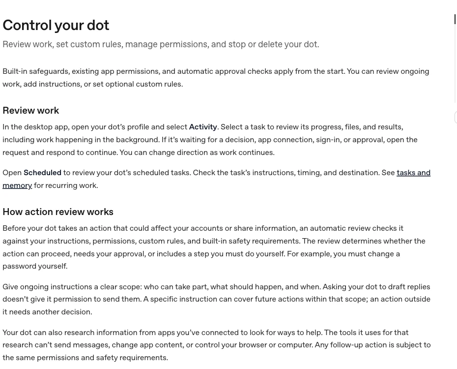 OpenAI公式ヘルプ「Control your dot」のActivityと操作レビューの説明部分