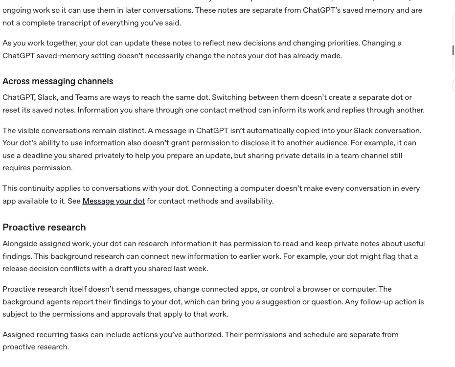 OpenAI公式ヘルプ「Tasks and memory」のProactive researchに関する説明部分