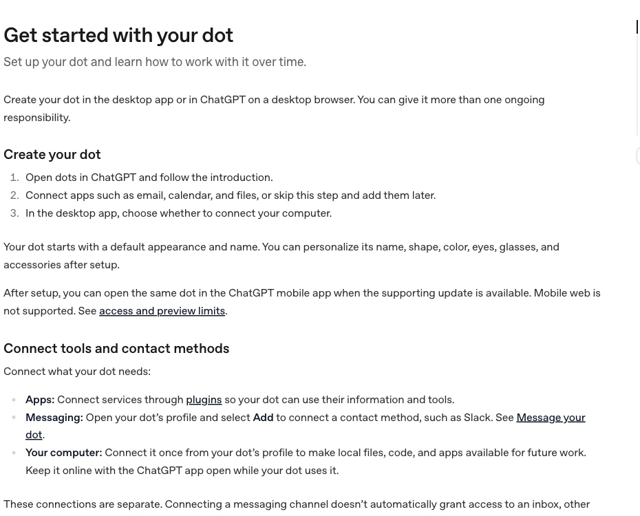 OpenAI公式ヘルプ「Get started with your dot」の作成とアプリ接続の説明部分