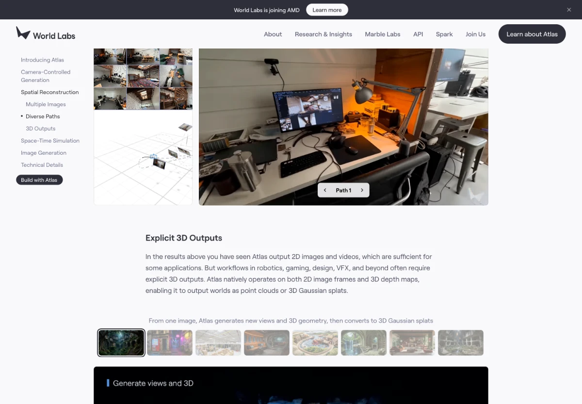 World Labs Atlas公式ページの3D出力と空間再構成の説明