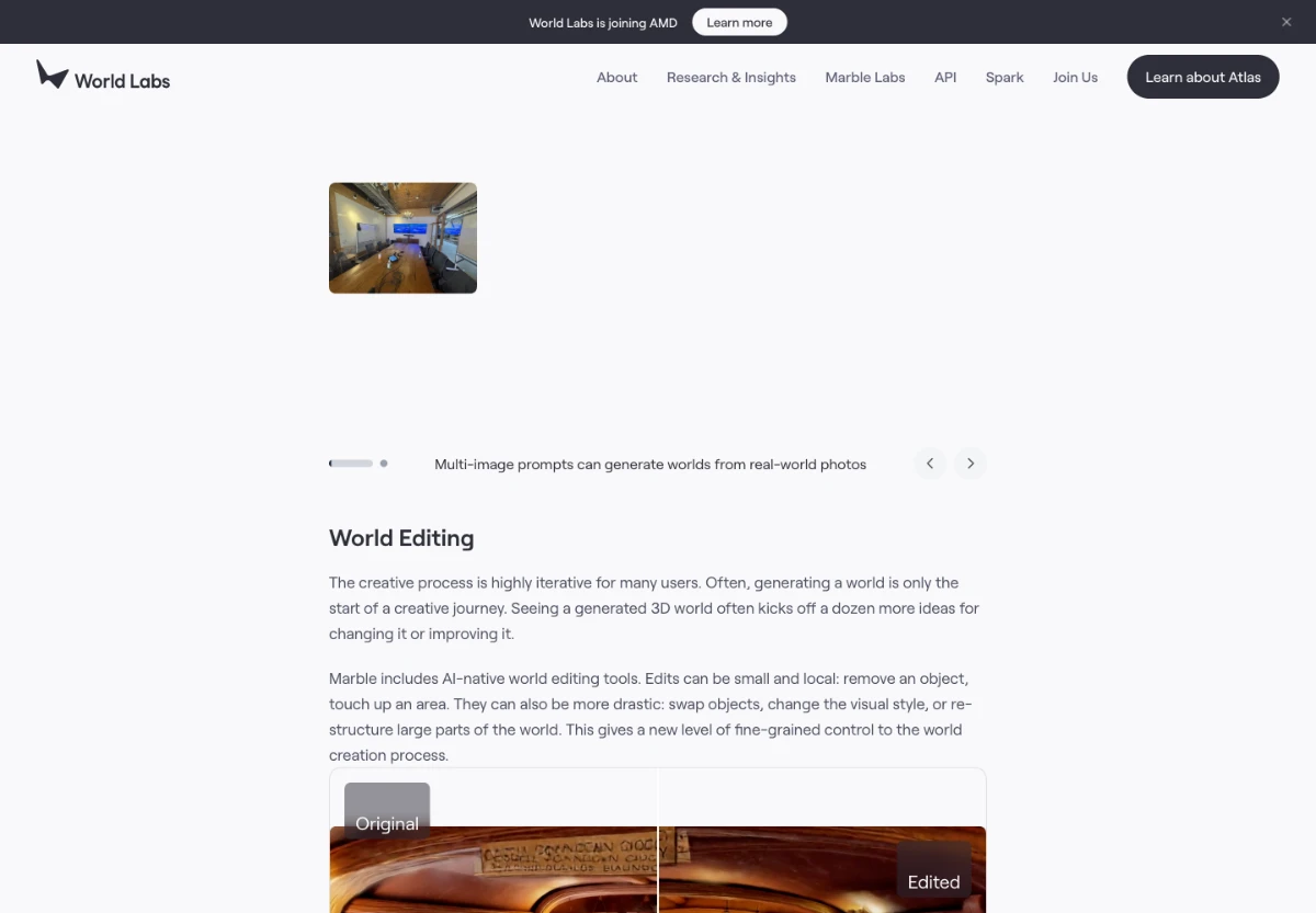 World Labs公式Marble解説に掲載された生成後の3D世界編集例