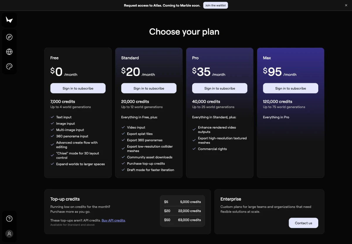 Marble公式料金画面のFree Standard Pro Maxと月額米ドル表示