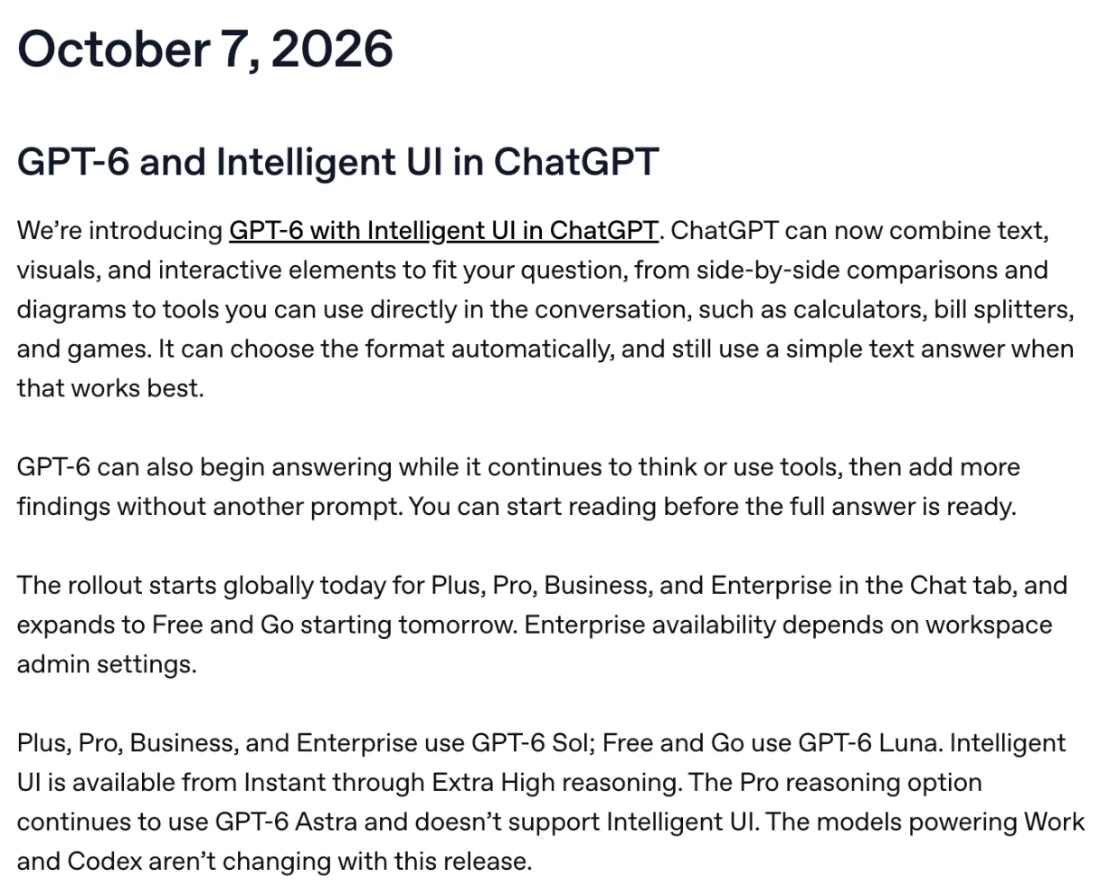 ChatGPTのリリースノート、2026年10月7日の項目「GPT-6 and Intelligent UI in ChatGPT」。ChatGPTが質問に合わせて文章、図、操作できる要素を組み合わせて表示できるようになり、考えたりツールを使ったりしながら回答を始められる。Plus、Pro、Business、EnterpriseはGPT-6 Sol、FreeとGoはGPT-6 Lunaを使うと書かれている