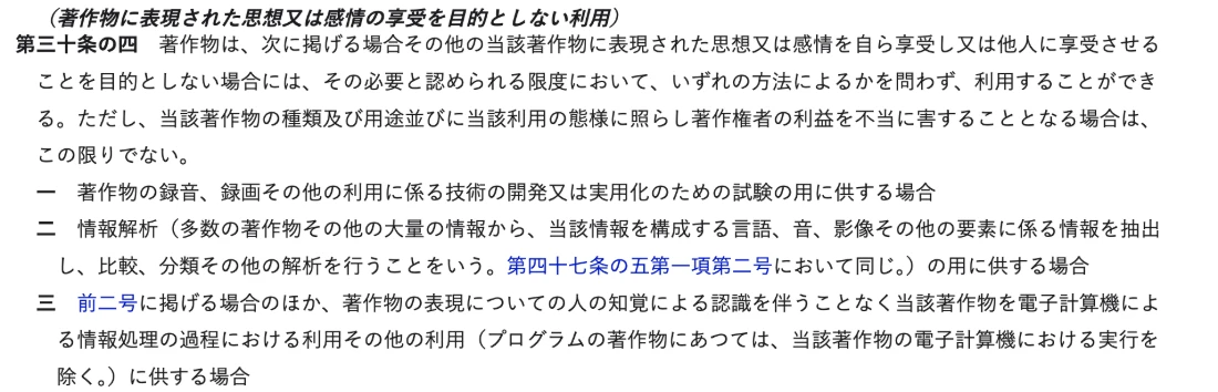 e-Gov法令検索の著作権法第30条の4。思想又は感情の享受を目的としない利用
