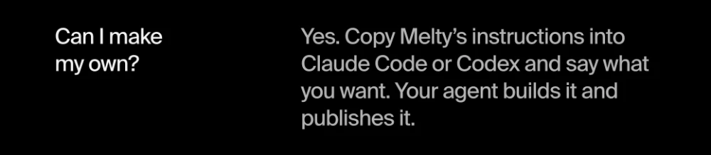 Melty公式サイトのよくある質問。Claude CodeまたはCodexに指示を貼ると自作できるという回答