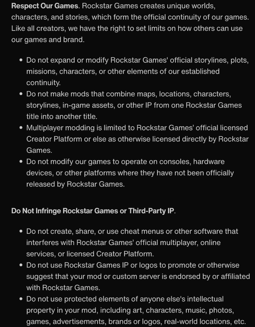 Rockstar GamesのMod Guidelines。タイトル間の素材の持ち込みと第三者の知的財産の使用を禁止する項目