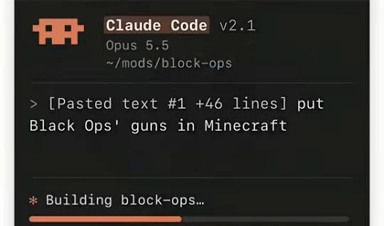 TikTok動画に映ったClaude Codeの画面。Black Opsの銃をマインクラフトに入れる指示を実行中