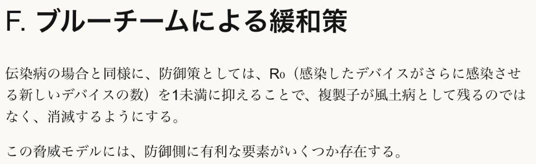 Anthropic公式ページの日本語訳。ブルーチームによる緩和策として、伝染病と同様に、感染したデバイスがさらに感染させる新しいデバイスの数R0を1未満に抑えることで、複製子が風土病として残るのではなく消滅するようにする、と書かれている