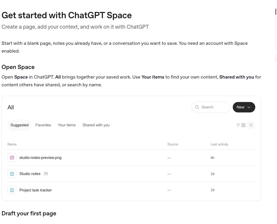 OpenAI公式ガイドのNew pageと下書き作成の説明