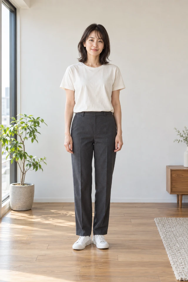 白いTシャツとチャコールのパンツ姿の架空女性を用いた着用イメージ比較の基準写真