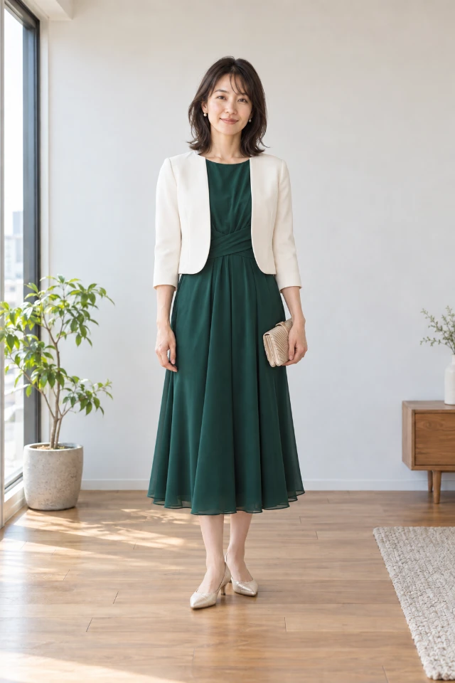 深いグリーンのドレスと明るいジャケットを合わせた架空人物の結婚式ゲスト向け着用イメージ