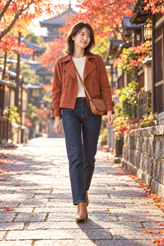紅葉の街を旅行用コートとデニムで歩く架空人物の完成イメージ