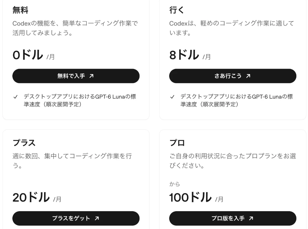 ChatGPT公式の料金ページ。Free、Go、Plus、Proの4プランとCodexで使える内容