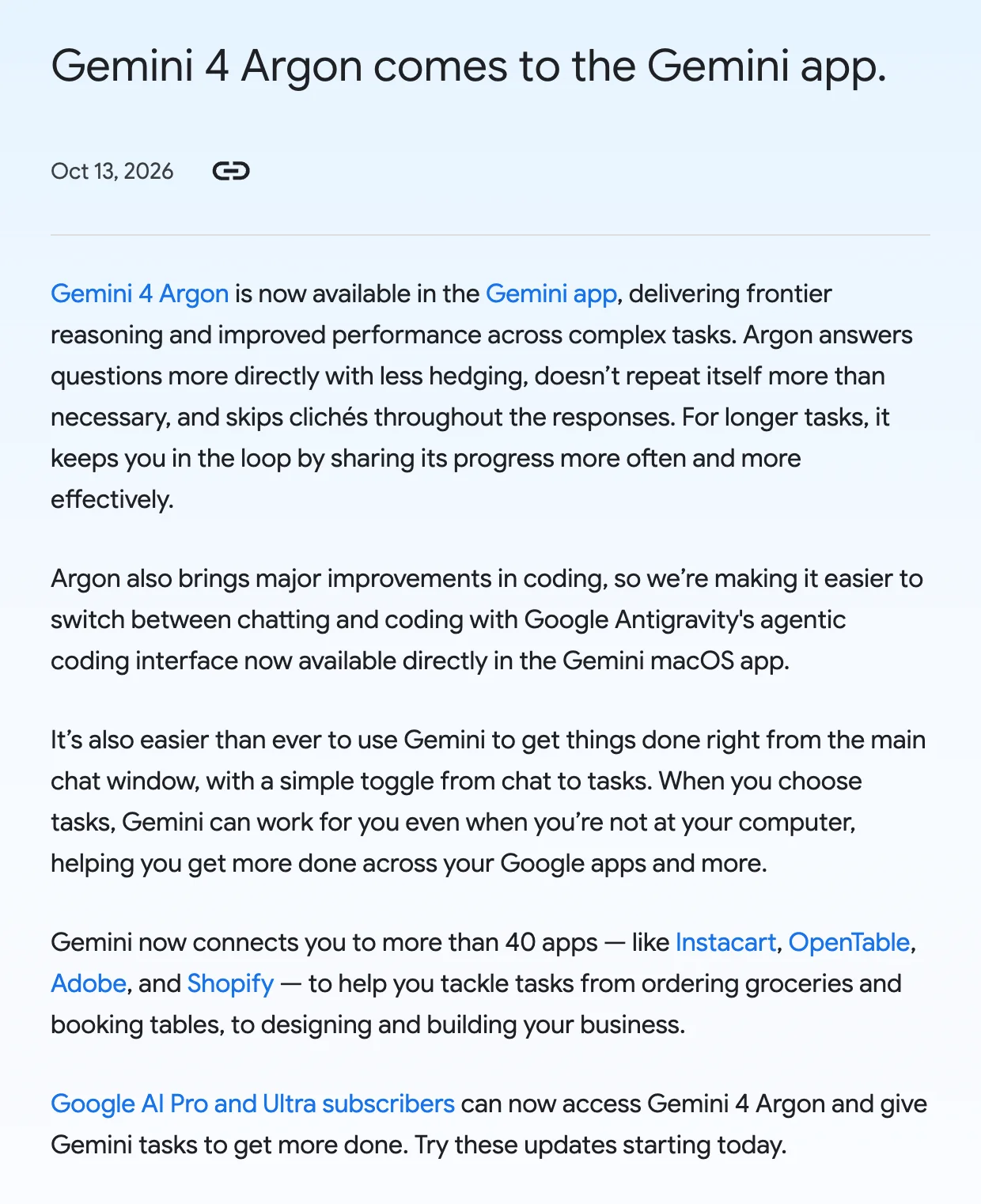 Googleのブログ記事「Gemini 4 Argon comes to the Gemini app.」の本文。タスクへの切り替え、40を超えるアプリとの連携、Google AI ProとUltraの会員が対象であることが書かれている