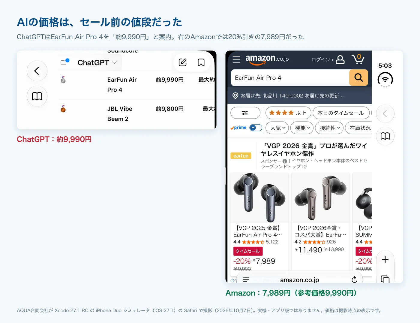 ChatGPTがEarFun Air Pro 4を約9,990円と案内し、Amazonでは20%引きの7,989円だった比較画面