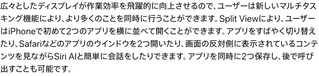 Apple日本語公式発表がSplit Viewで二つのアプリを並べ、片側の内容を見ながらSiri AIと会話できると説明する段落