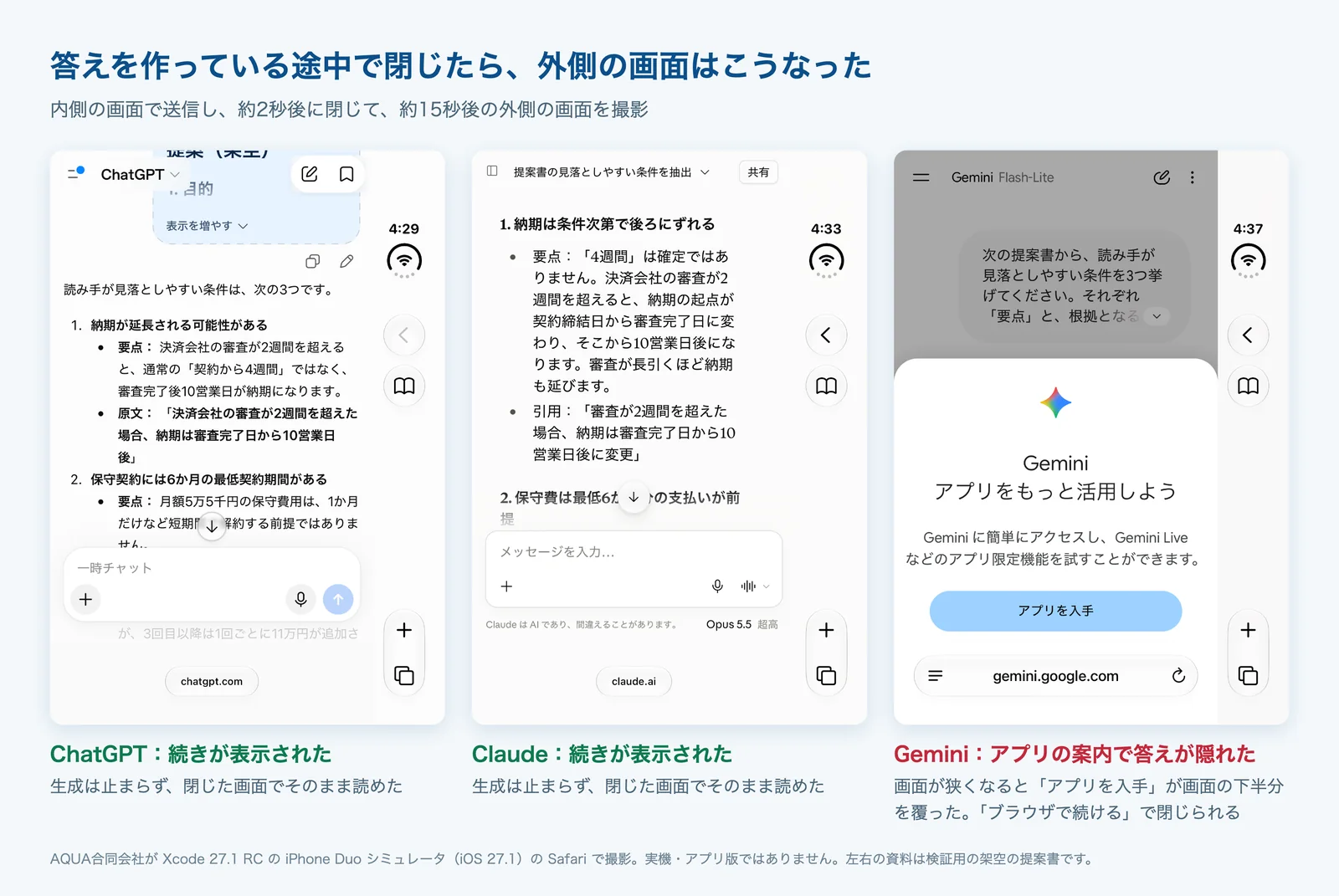 答えの生成中に閉じた後の外側の画面。ChatGPTとClaudeは続きが表示され、Geminiはアプリ入手の案内が下半分を覆っている