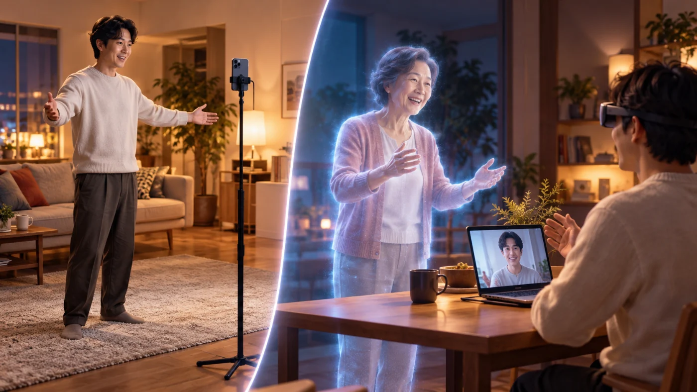 左はスマートフォンで自分の姿を準備する場面、右はグラスから見る立体的な通話相手と、PCの平面画面から参加する姿を描いたイメージ
