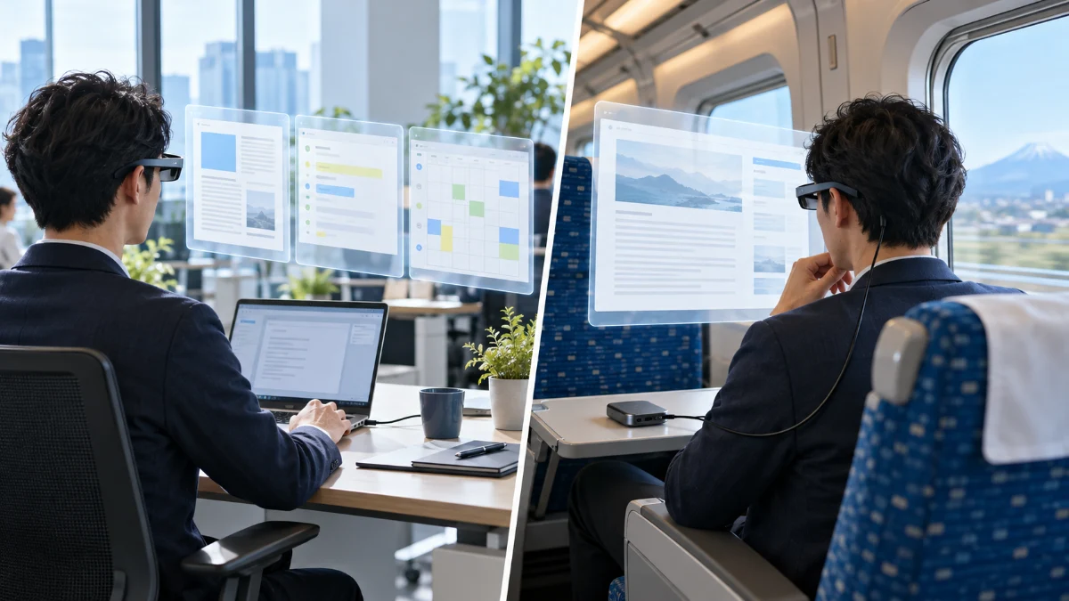 オフィスの机と出張の列車内で、VRグラスに仕事の画面を広げる利用イメージ