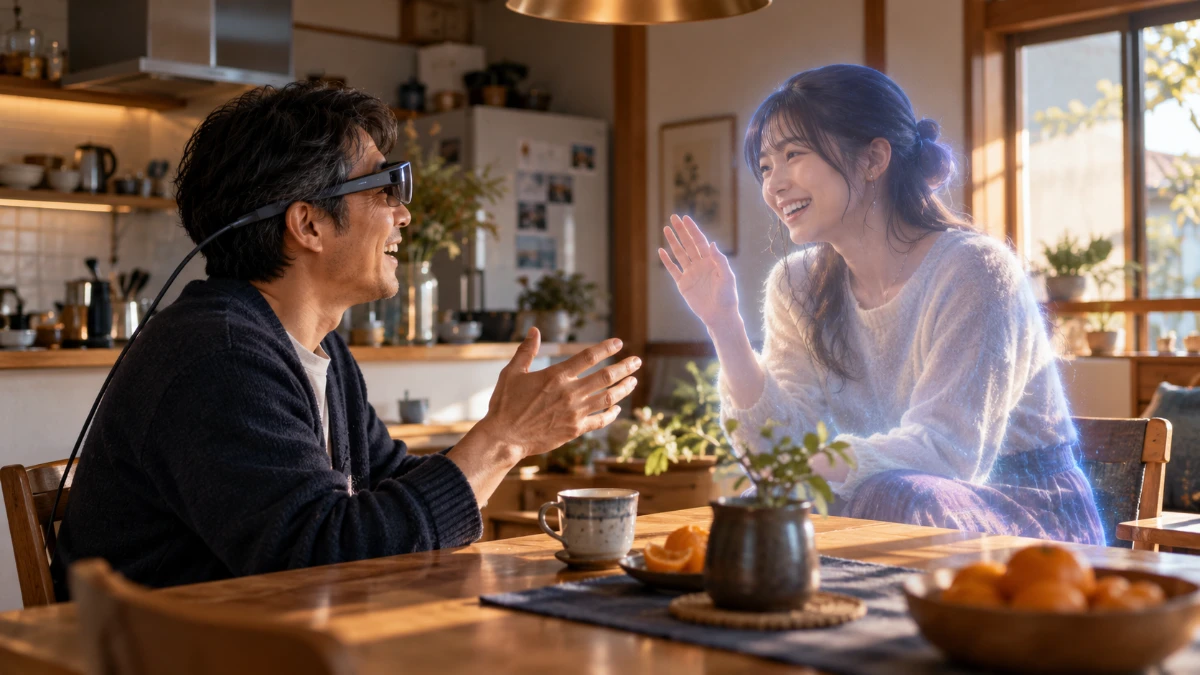 VRグラスを使い、離れて暮らす家族と立体的な映像で話すイメージ
