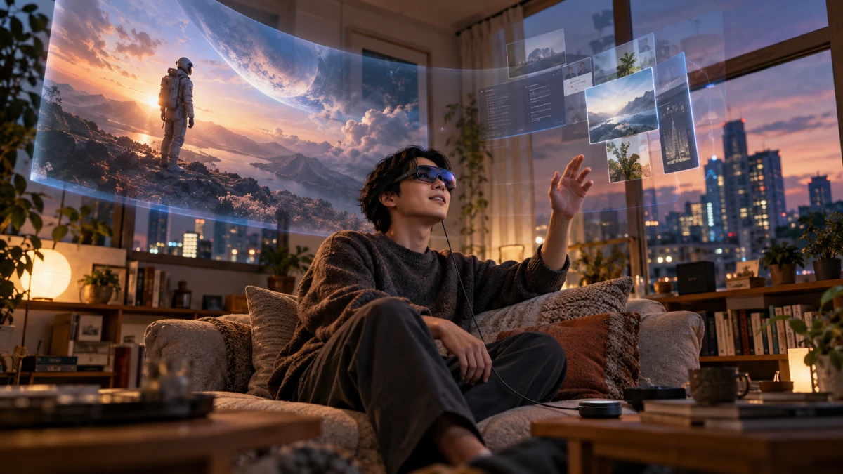 自宅のソファでVRグラスをかけ、映画の大画面を楽しむ暮らしのイメージ