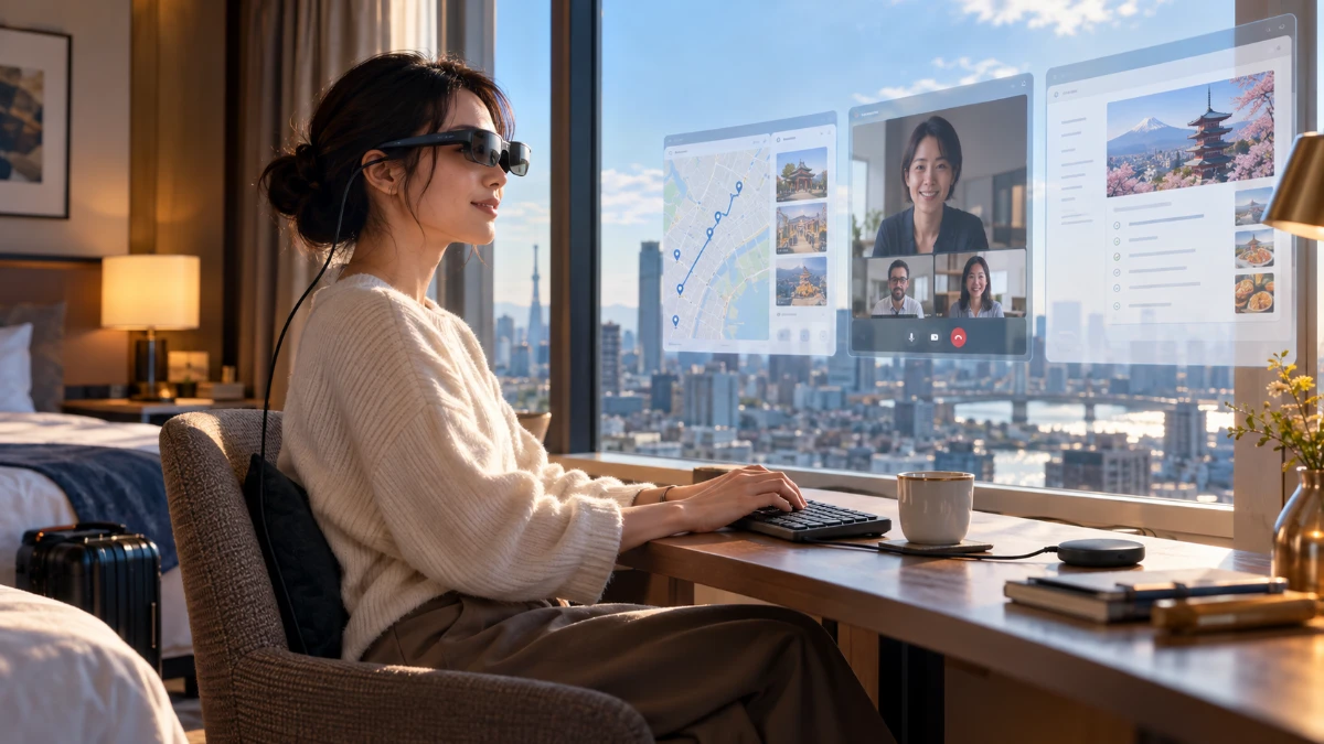 旅行先の小さな机でVRグラスを使い、地図や通話画面、資料を並べるイメージ
