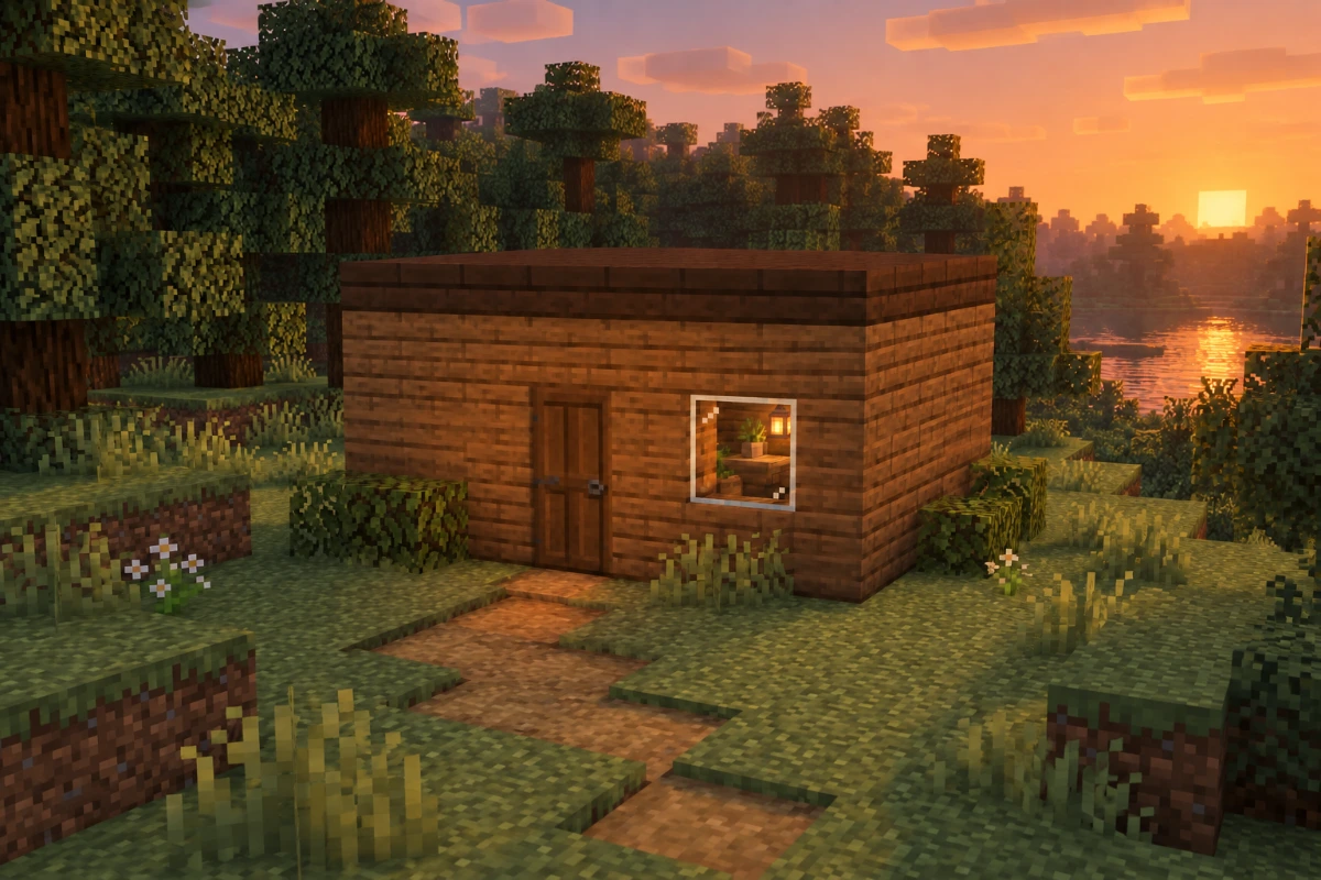 AI生成によるMinecraft風7×7木造拠点の完成イメージ。平屋、中央の一枚ドア、平らな屋根と前面の窓