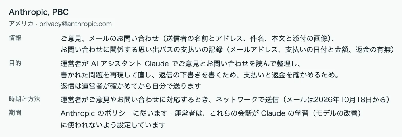 プライバシーポリシーの委託先Anthropic, PBCの項目。ご意見、メールのお問い合わせ、支払いの記録をClaudeで整理し返信の下書きを書く。返信は運営者が確かめてから送る。会話がClaudeの学習に使われないよう設定している