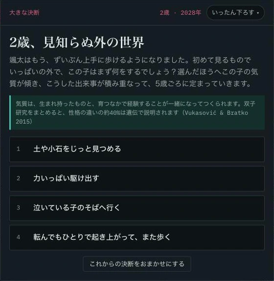 2歳の大きな決断の画面。見知らぬ外の世界で子どもがまず何をするかを4つから選ぶ。性格の違いの約40%は遺伝で説明されるという研究（Vukasović & Bratko 2015）の注釈がある