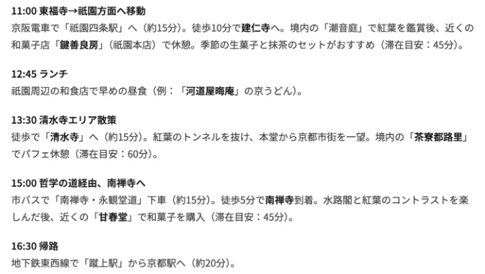 Sarashinaの京都コースの一部。15時に市バスで南禅寺・永観堂道へ移動する行程と、清水寺の境内の茶寮都路里でパフェ休憩という記述