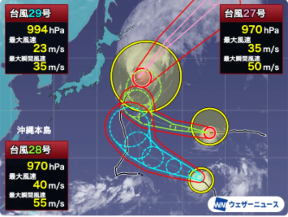 2026年10月7日3時時点の台風27号、28号、29号の位置と予想進路を示す日本語の図